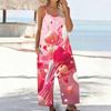 Women Spaghetti Strap Jumpsuit Pink Heart Flower Print Wide Leg Pants With Pockets