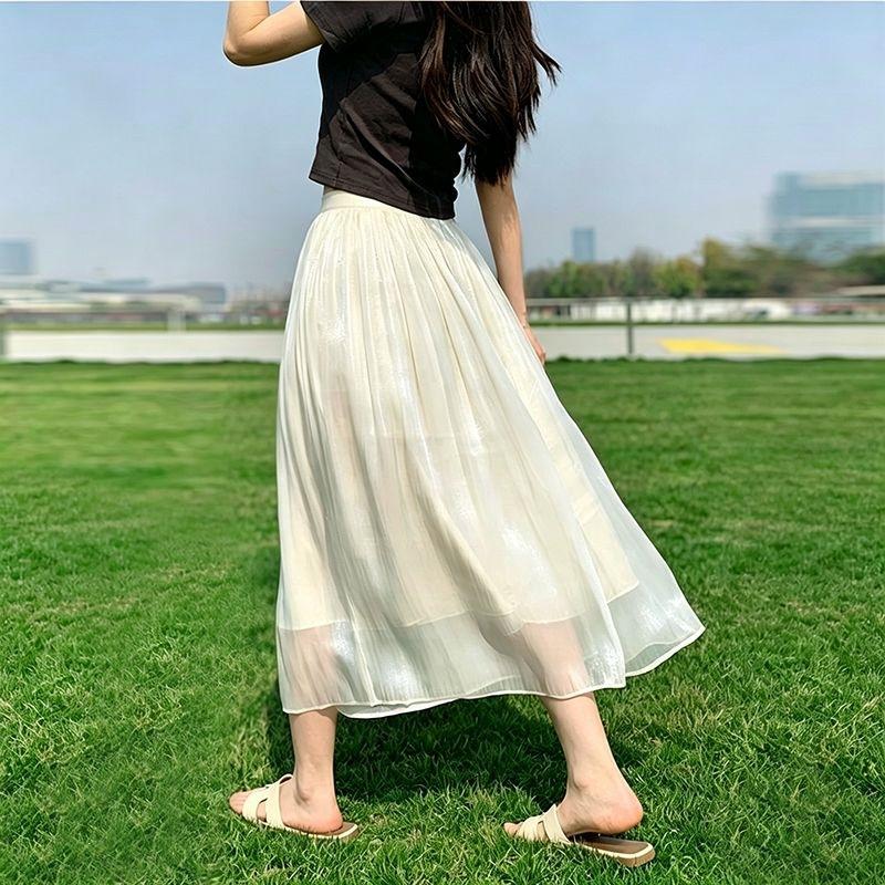 Streamer mesh skirt women's spring, autumn and summer high waist drape temperament versatile and thin a word pleated skirt