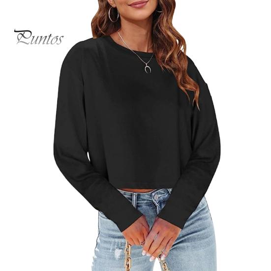 

Женские топы с круглым вырезом и длинными рукавами, однотонные свободные укороченные топы для повседневной носки S чёрный