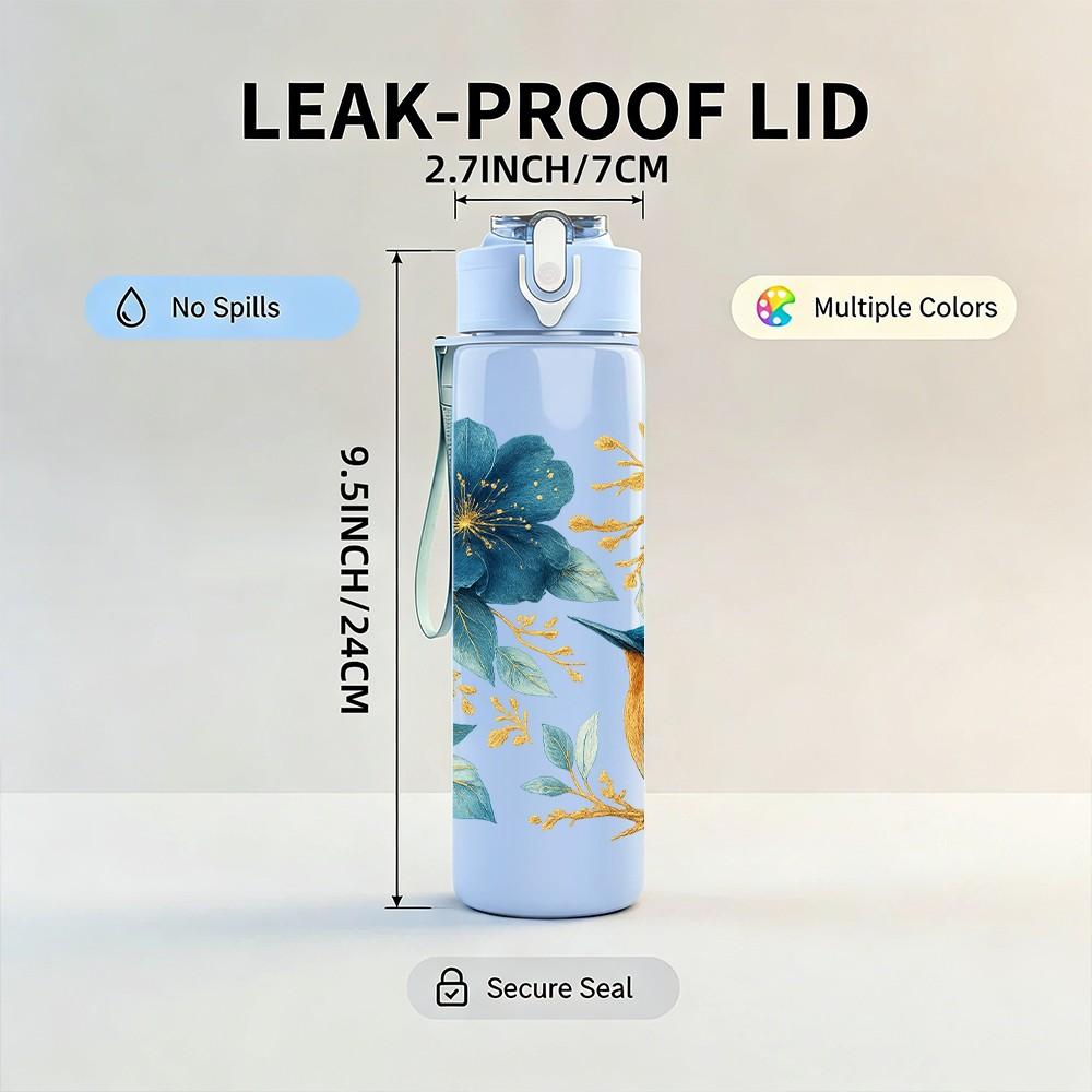 1PC Blue Flower Bird Branch Art Print 750ml Color Plastic Sports Water Bottle Leakproof Flip Straw Lid Suitable for Sports Office Home Use