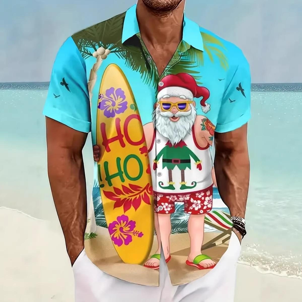 

3D Print Christmas Themed Santa Claus Graphic Beach Shirts Men s Short Sleeve Lapel Hawaiian Shirt Summer Button Vacation Shirts 2XL небо