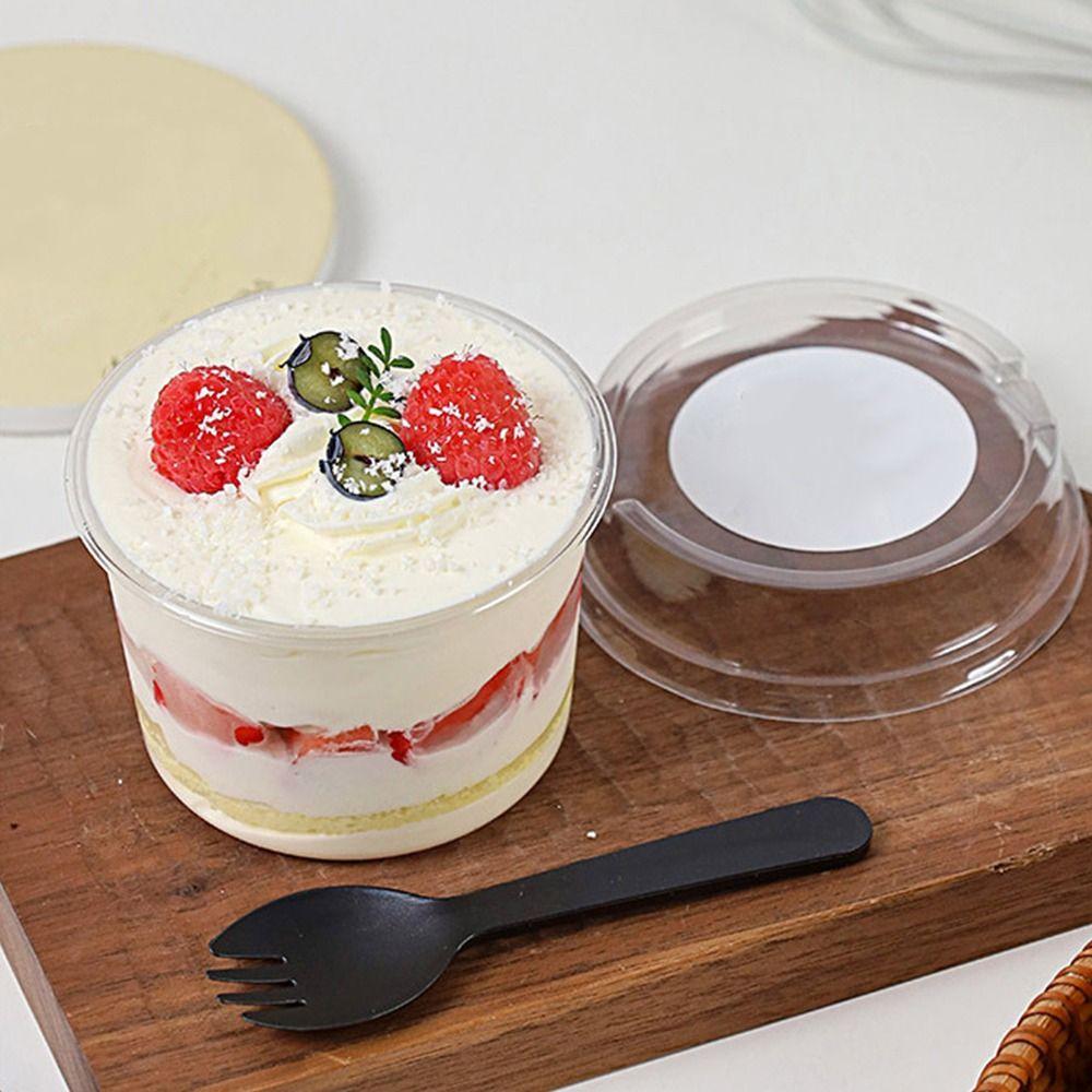 50Pcs Round Shape Disposable Salad Cups 150/250ml Dessert Cups with Lid Dessert Tools