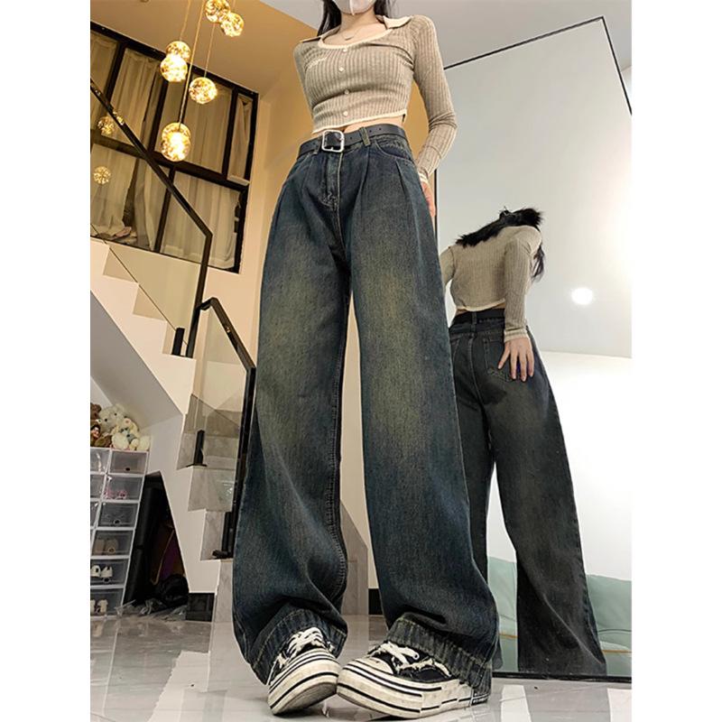 Women's Plus Size High Waist Fleece-Lined Grey Jeans, Autumn/Winter, Thick, Loose, Slimming, Straight Wide Leg.
