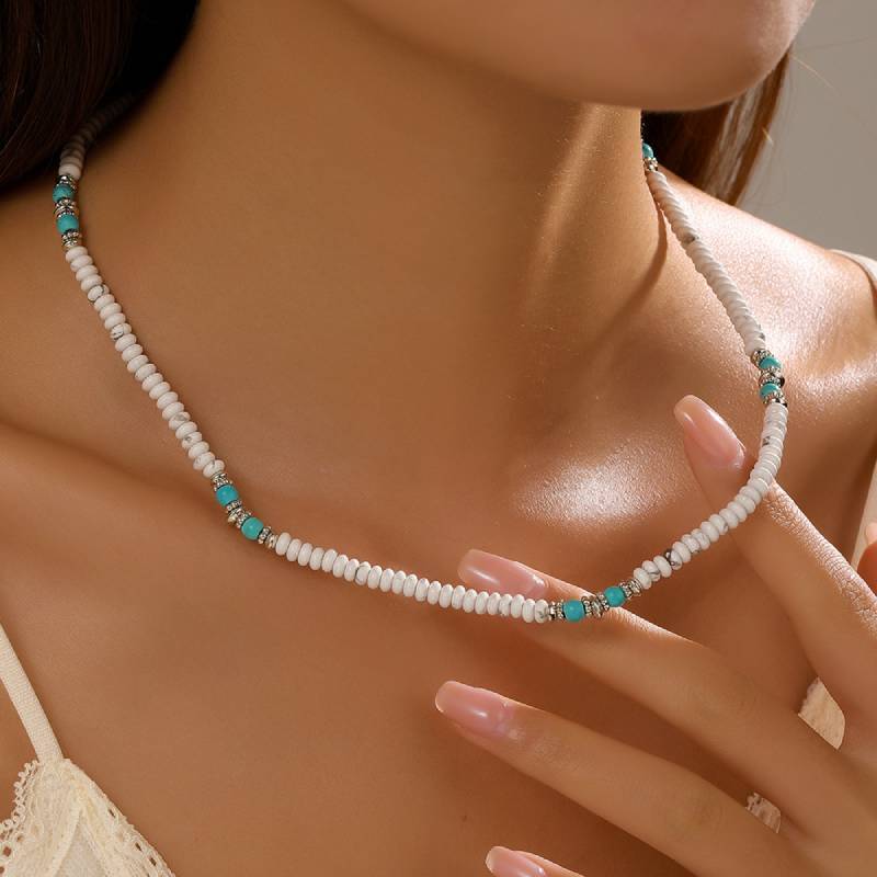 Bohemian Natural Artificial White Turquoise Necklace With Handmade Geometric Pendant For Women And Men