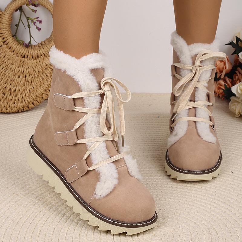 Fur Flats Women Snow Ankle Boots Suede Lace Up Casual Shoes Short Plush Cotton Boots 2025 Trend Winter Warm Non-slip Botas Mujer