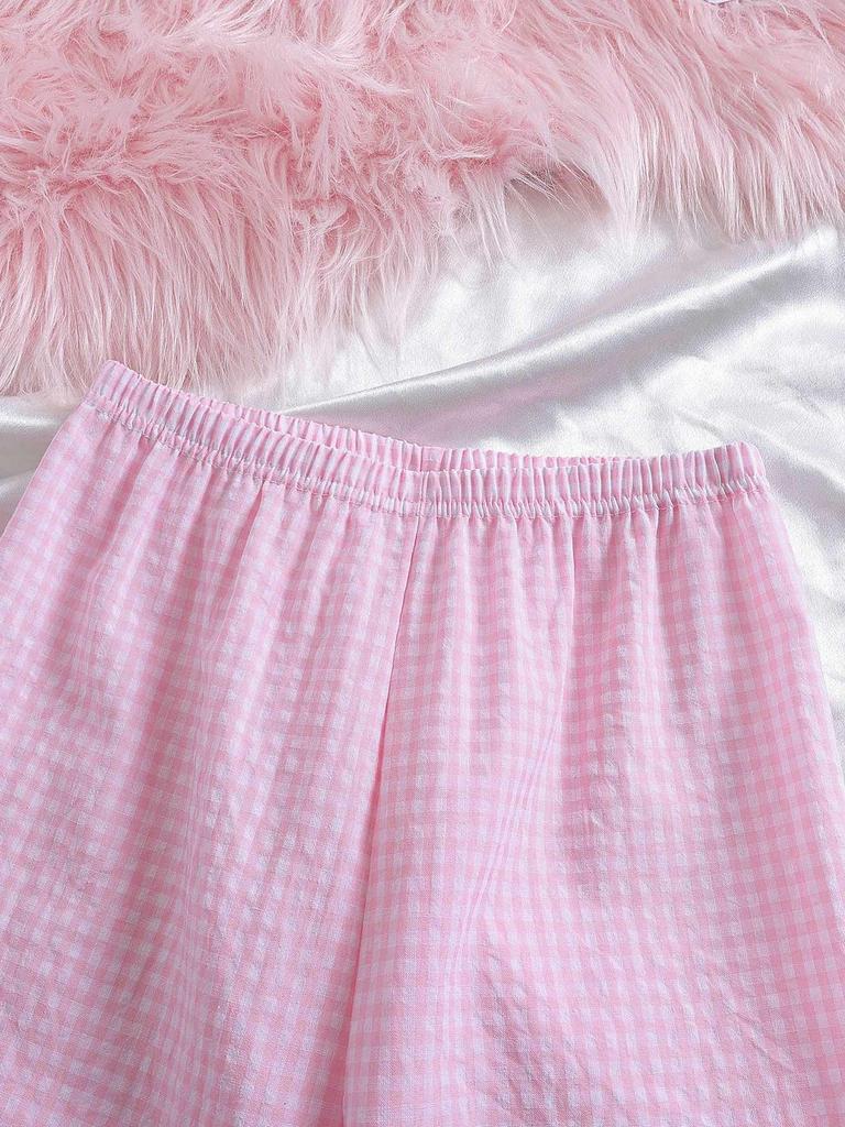 2 Pieces Girls Short Sets, Bow Graphic T-Shirt & Pink Gingham Wide Leg Pants Set for Kids Size 8-12 Years