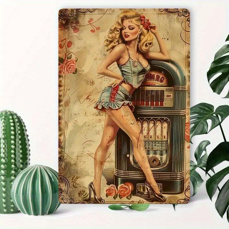 8x12 Inch Retro Metal Wall Sign - Vintage 1940s Pin-Up Girl & Jukebox Design, Durable Iron Rustic Wall Art for Bar, Music Room