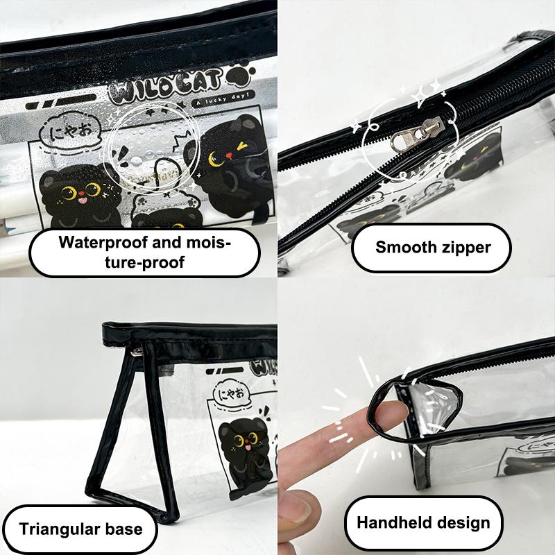 1 Piece Large Capacity Pen Box Black Cat Pvc Cover Transparent Pencil Case Ladies Cosmetic Bag Students Stationery