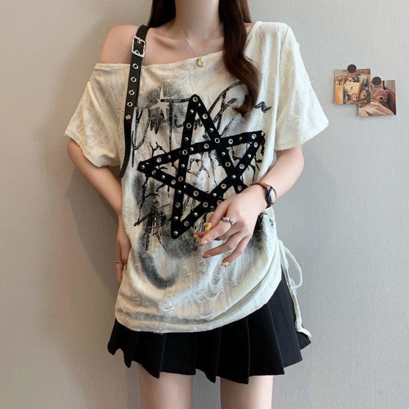 Summer Polyester Letter Print T Shirt With Ruching And Slanted Neck For Casual Women