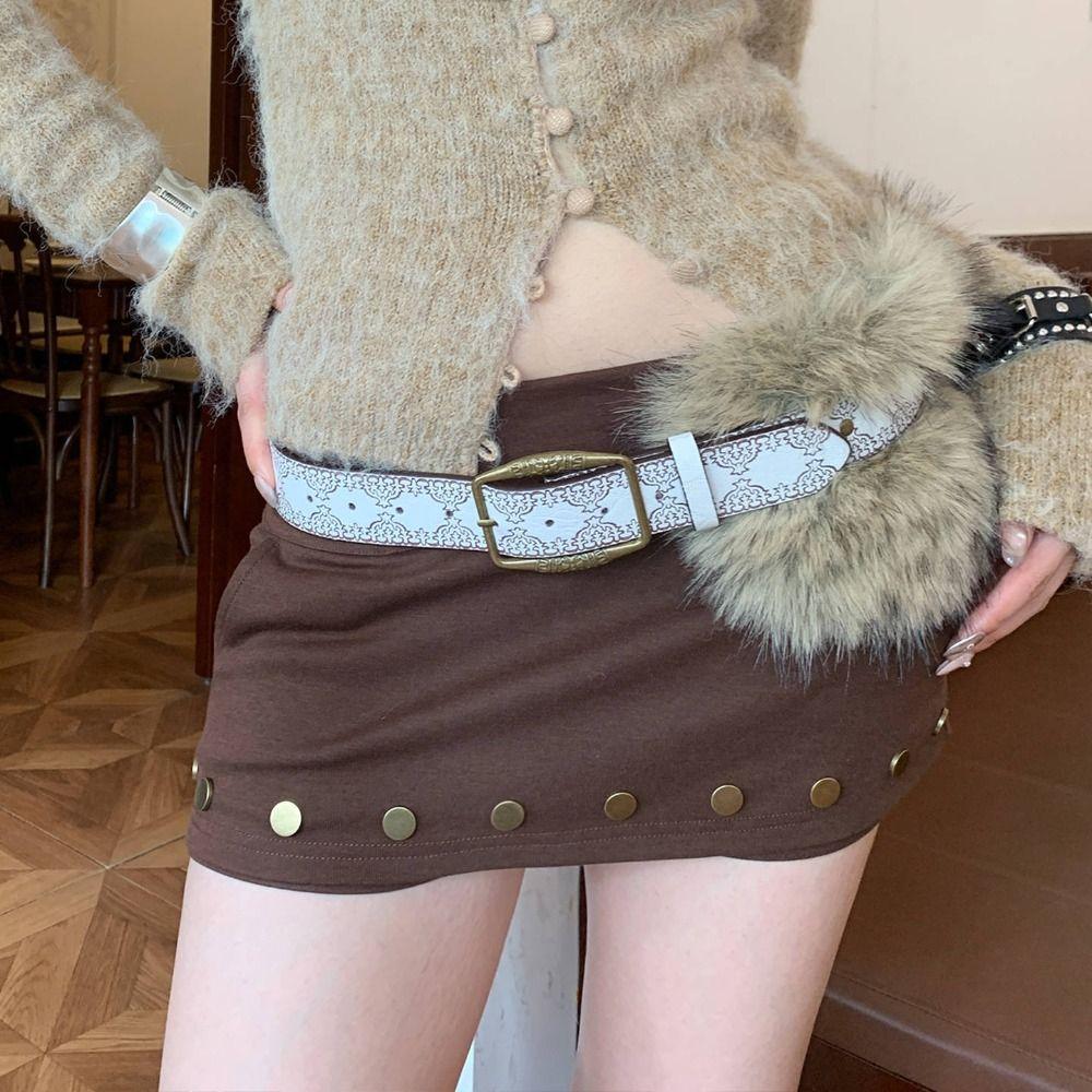 PU Leather Furry Waistband Rivet Y2K Waistband Fashion Plush Belt  Female/Girls