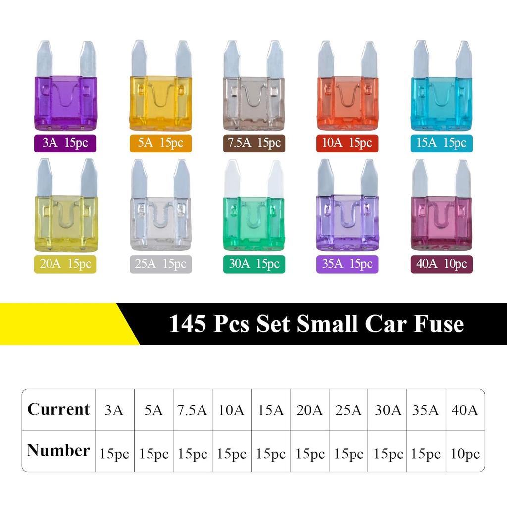 AHL 145pcs Mini Blade Fuses Assortment Auto Car Motorcycle Truck Fuses Kit 3A 5A 7.5A 10A 15A 20A 25A 30A 35A 40A Boat Camper RV ATV UTV Automotive
