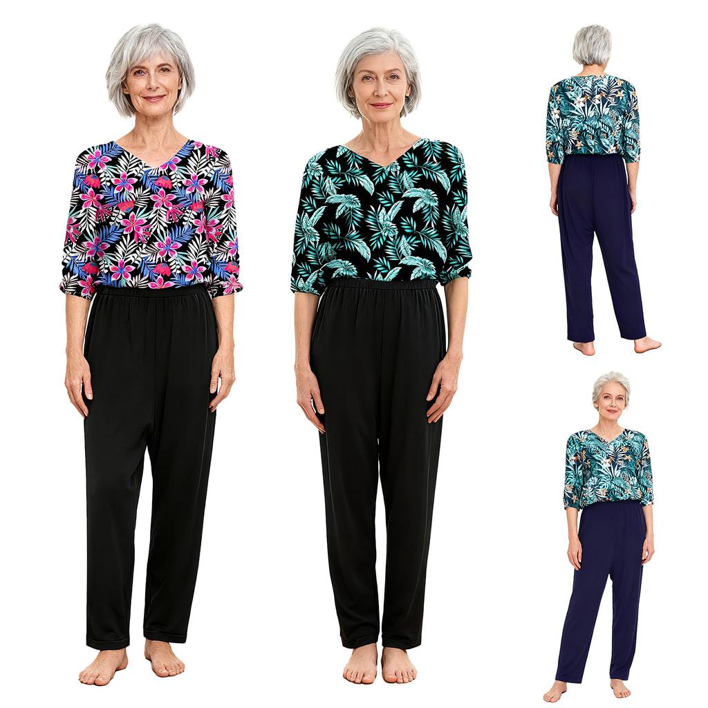 S-XXL Women Alzheimer Elderly Anti-Strip Adaptive Printed Jumpsuit V Neck 3/4 Sleeve Wide Leg Back Zipper Nursing Rompers for Special Needs