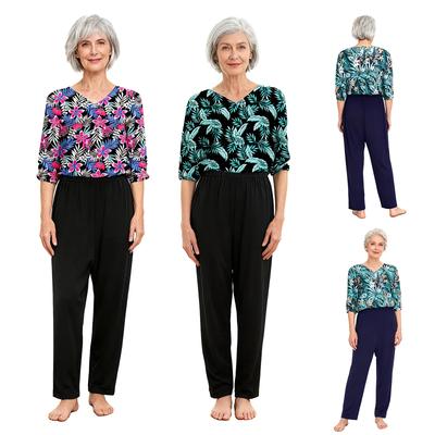 Ladies Anti Strip Adaptive Rompers Printed Design V Neck 3/4 Sleeve Wide Leg Pants Back Zipper Nursing Wear Special Needs