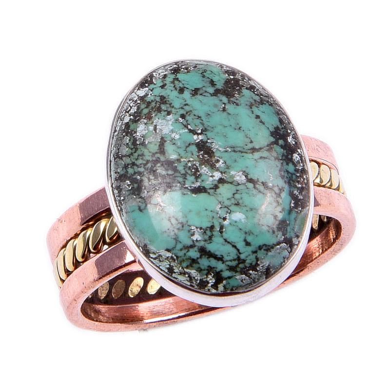 Pierre Précieuse Turquoise Tibétaine Naturelle Argent Massif 925 Bague Bicolore Taille 9US H7W00