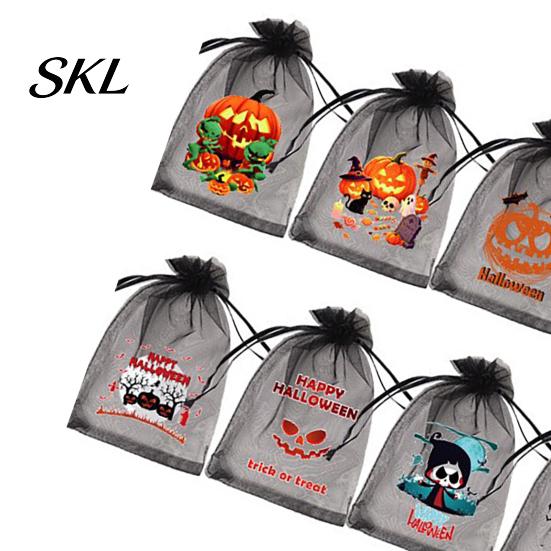 Gift Packaging Bag 12 Pcs Halloween Organza Candy Bag, Drawstring Treat Pouch with Pumpkin Ghost Bat Kids Pouches Print, Sheer Favor for Party Snacks,