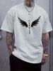 Casual Crew Neck T-shirt with Black Angel Wings Print - Soft Gray