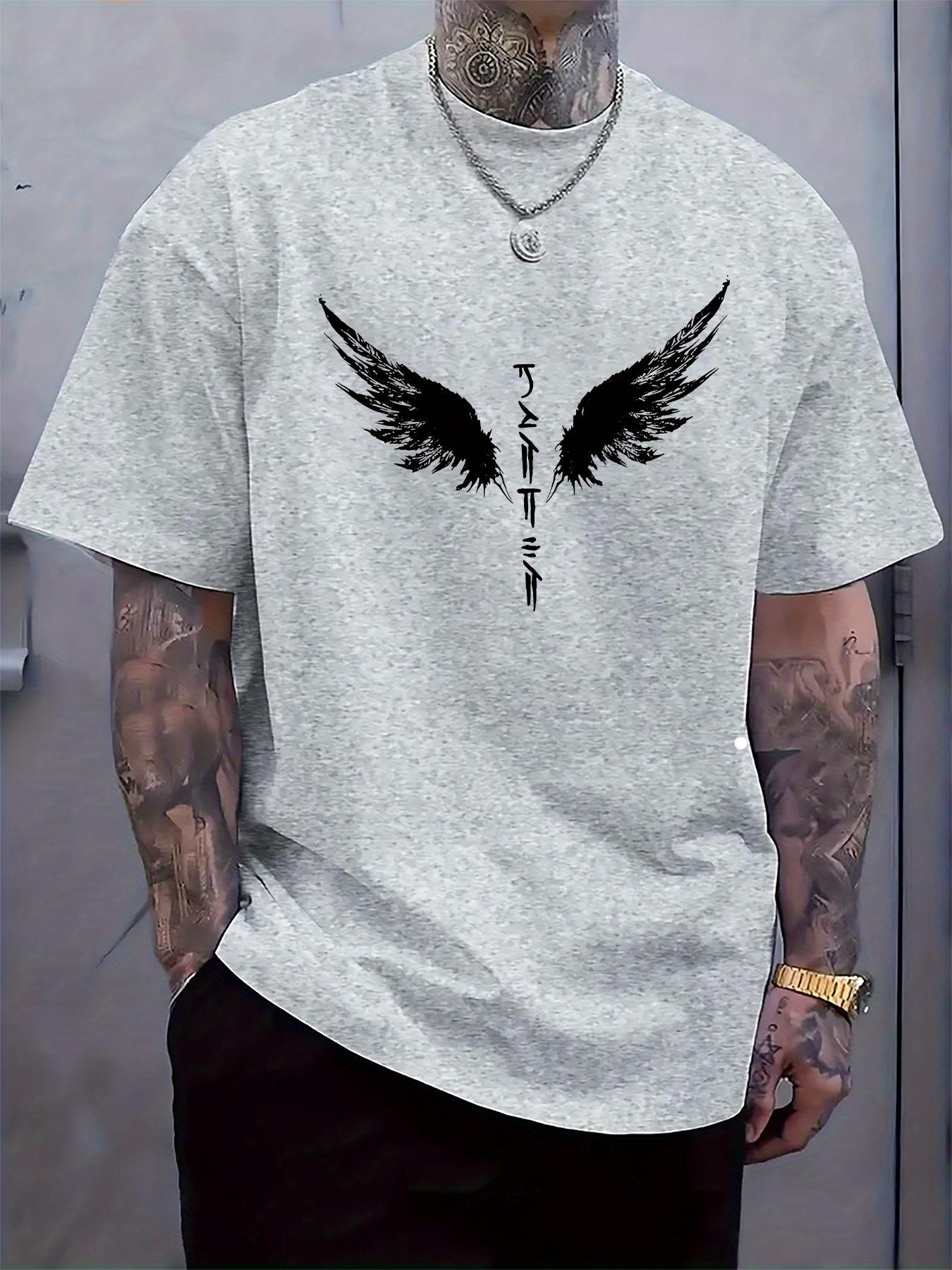 Casual Crew Neck Tshirt with Black Angel Wings Print - So... XL
