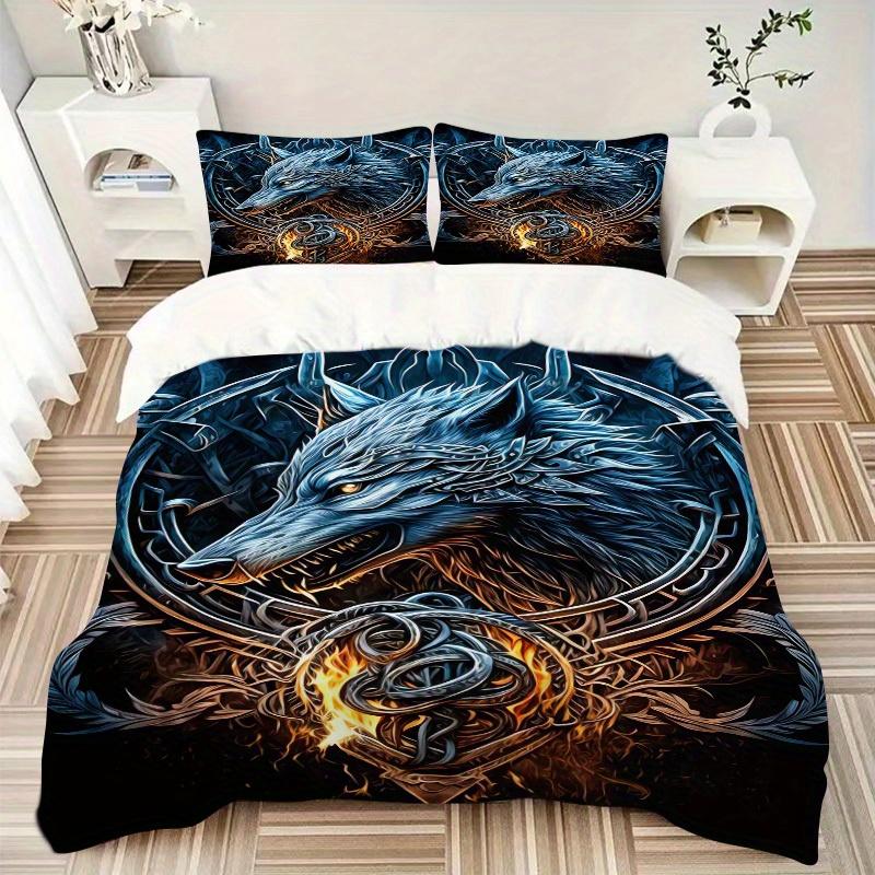 

3pcs Wolf Flame Bedding Set Down Comforter Cover and Pillowcases, Suitable for All Seasons(No Insert)-0729070 135x200cm