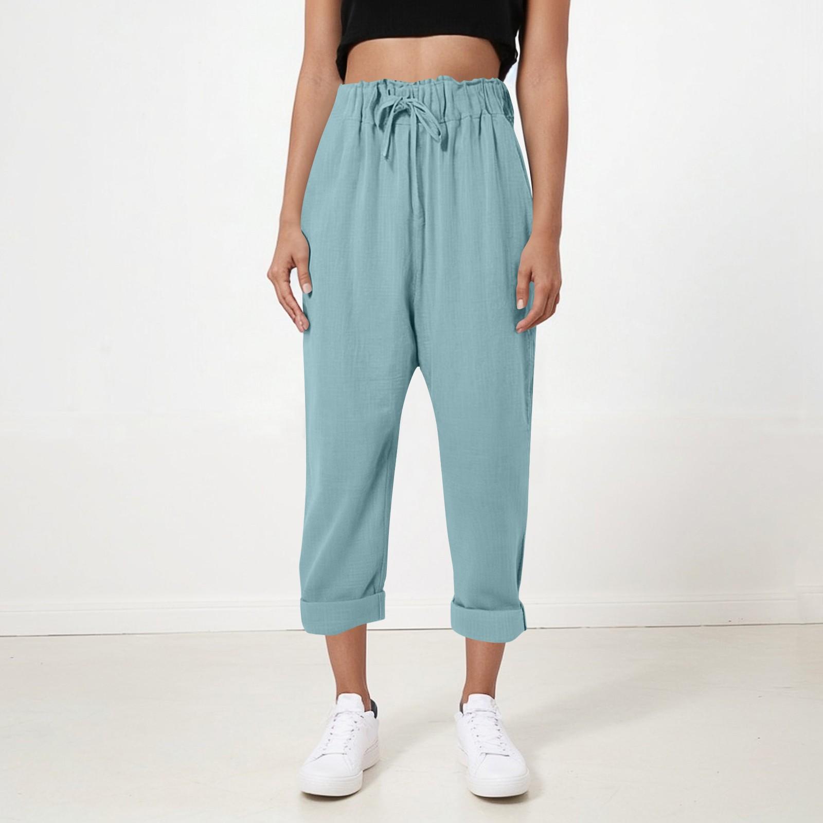 

Женские свободные повседневные хлопково-льняные тонкие однотонные домашние брюки, укороченные брюки M светло-синий