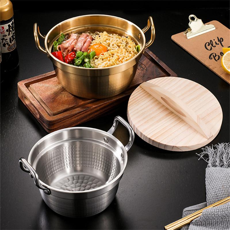 Korean Style Double Ear Stew Pots with Wooden Lid Stainless Steel Saucepan Ramen Pot Kitchen Cookware for Gas Induction Cooker