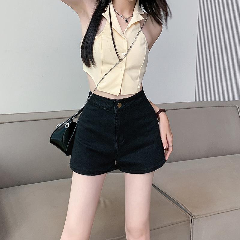 

Black High-Waist Slim A-Line Denim Shorts – Summer Hot Girl Style XL чёрный