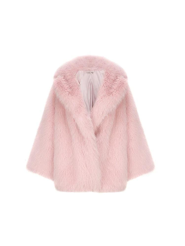 Source Factory Foreign Trade Medium and Long Pink Luxury Imitation Fox Hair Padded Cotton Thickened Environmentally Friendly Fur Jacket