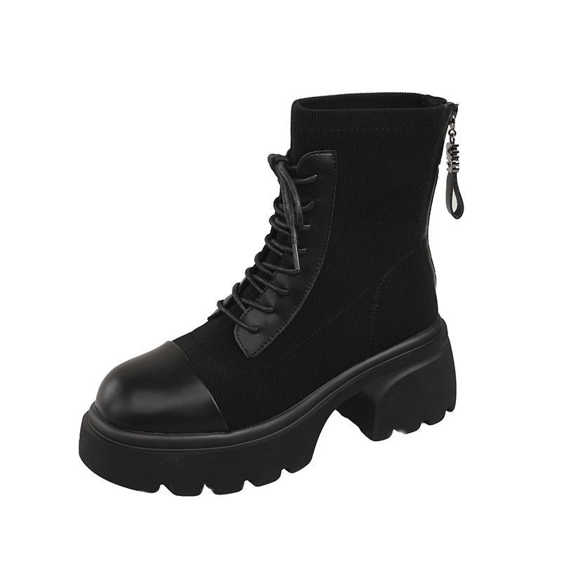 Round Head Fly-woven Martin Boots 2025 Autumn Korean Version of the New Thick-soled Thick-heeled Lace-up Small Short Boots Temperament Women's Thin Bo