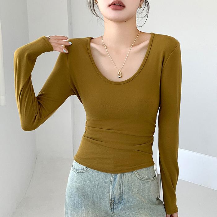 

Ladies Spring Autumn Long Sleeve U Collar Solid Color Bodycon T Shirt Top XL