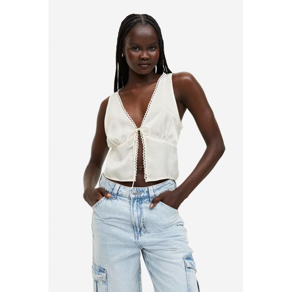 

H M tie detail satin sleeveless top in cream color