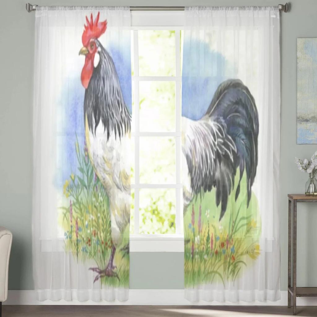 Watercolor Of Cute Chicken Chiffon Sheer Curtains For Living Room Bedroom Decoration Window Tulle Curtains Drapes