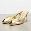 Soleist Women's Gold Patent Leather Heeled Slippers, Sexy Peep Toe Slide Sandals Elegant Banquet Party Dress Shoes Zapatos De Mujer