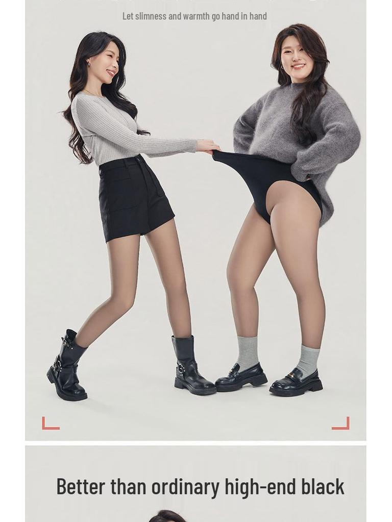 High-Waisted Black Fleece-Lined See-Through Leggings, Tummy Control, Nude Feel, Autumn/Winter Sheer Pantyhose