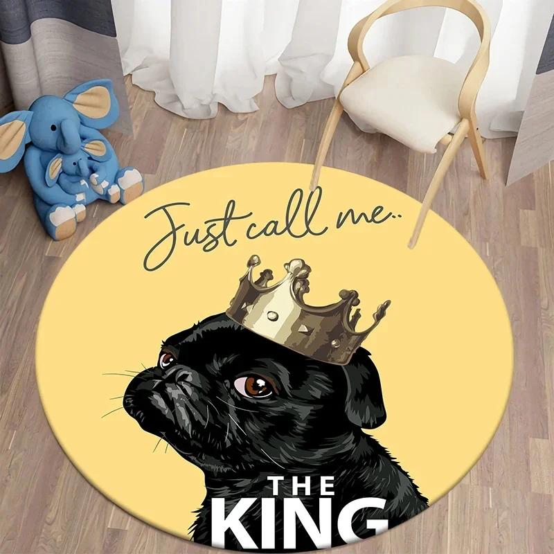 Crystal Velvet Cute Pug Round Rug, Kawaii Dog Print Non Slip Floor Mat for Living Room, Bedroom, Home Decor, Circle Area Rug