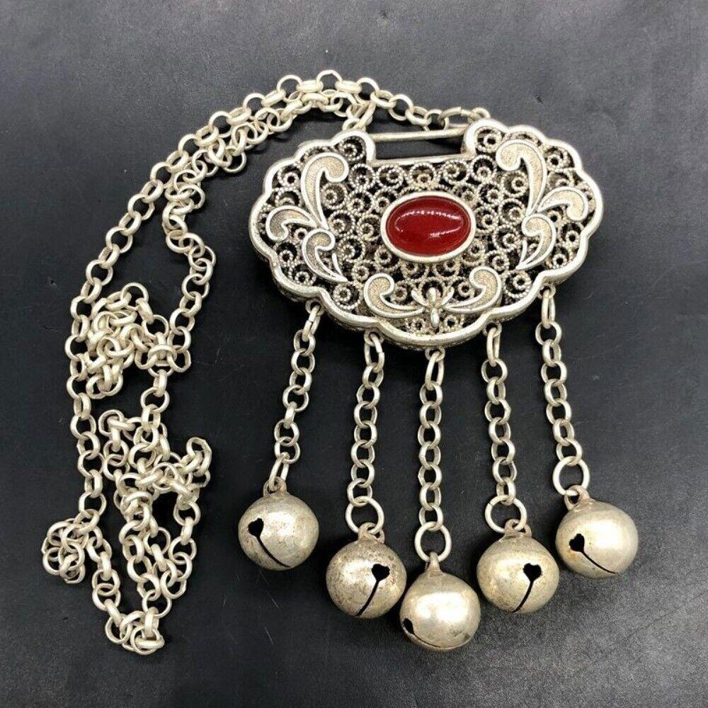 

Старый китайский тибетский серебряный инкрустированный драгоценными камнями ручной работы кулон-замок долголетия CHINA