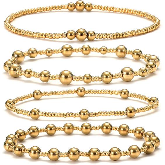 Dainty Gold Plated Pearl Crystal Beaded Bracelets Set for Women 14K Gold Plated Bead Pearl Beads Bracelet Stackable Paperclip Link Chain Bracelets