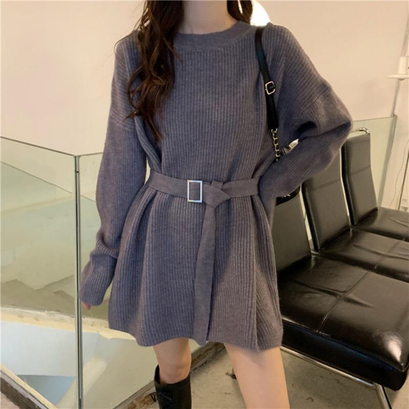 Lace-up Waist Thin Sweater Skirt Autumn and Winter Simple Style Medium and Long Pullover Knitted Sweater Women