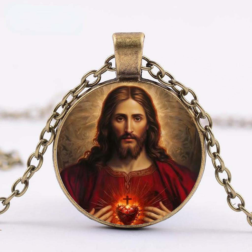 One Piece Jesus Sacred Heart Necklace Jesus Pendant Religious Jewelry Glass Pendant Suitable for Daily Wear Unisex