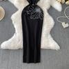 Dinner Party Dress Women's Summer High Sense Hot Diamond Flower V-Neck Sleeveless Slim Skinny Split Dress