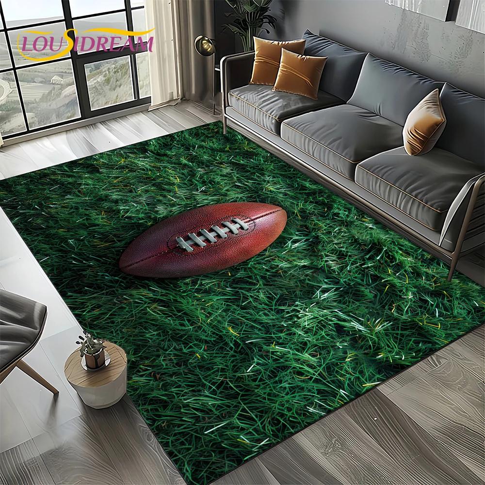3D Rugbyfeld Rugby 2025 American Football Cartoon Teppich für Wohnzimmer Schlafzimmer Zuhause Sofa Dekoration, Teppich Rutschfeste Fußmatte