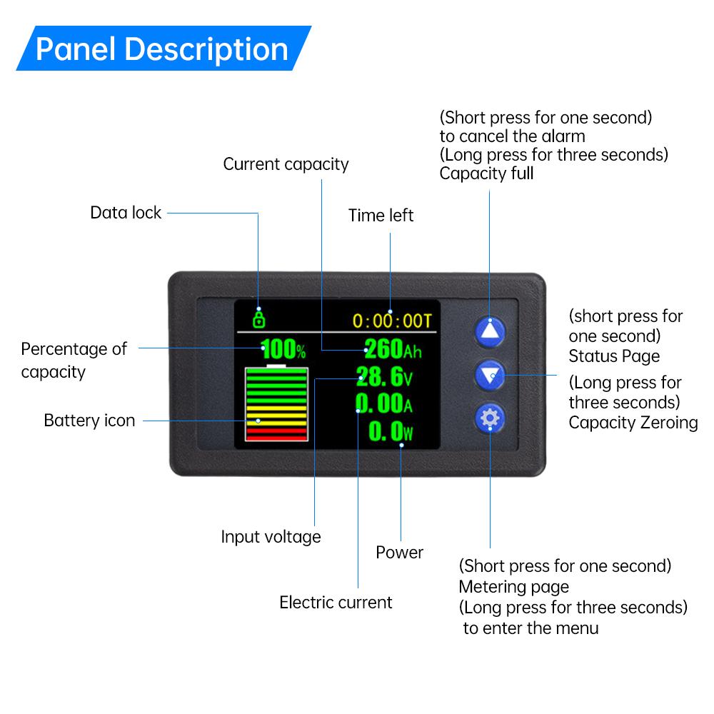 DC 11-111V 11A 111A 111A 111A 111A Battery Tester Coulomb Meter Battery Capacity Indicator Ammeter Voltmeter Battery Tester