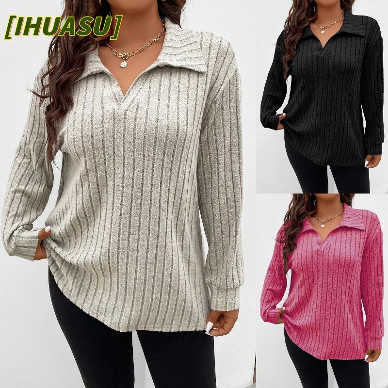 IHUASU Damenmode, lässig, einfarbig, langärmelig, V-Ausschnitt, Blusen und Hemden
