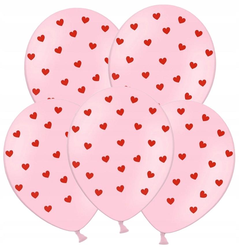 Balony Różowy W Czerwone Serduszka 30 Cm, 5 Szt.