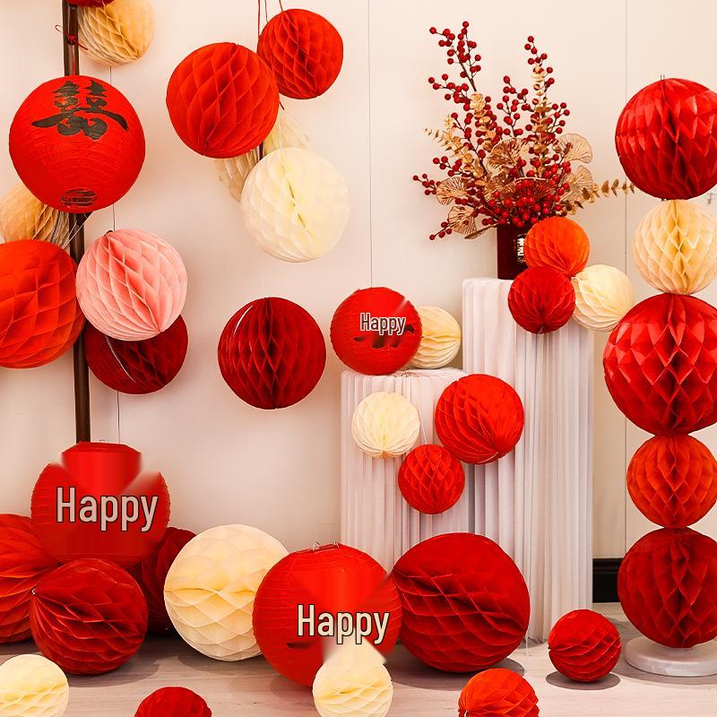 Wedding Double Happiness Garland & Lantern Set with Honeycomb Ball Columns for Background Decor