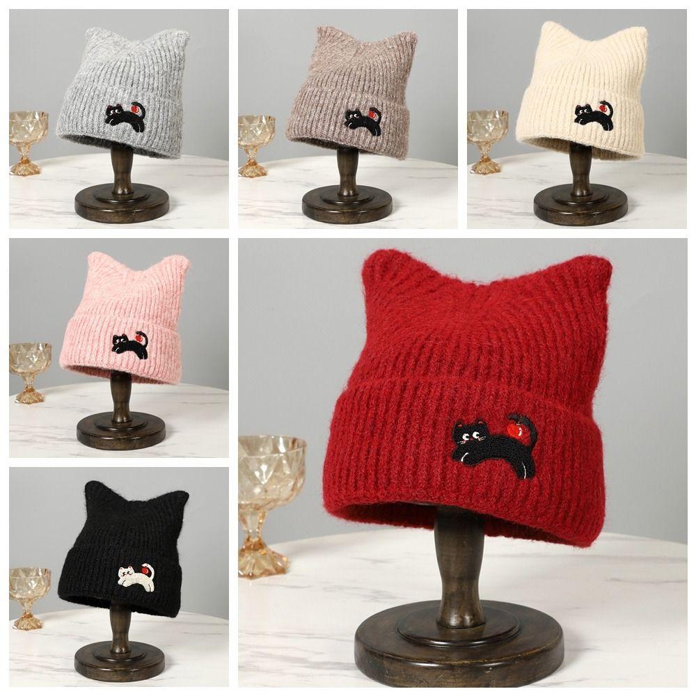 Embroidered Cat Cat's Ears Knitted Hat Soft Woolen Hat Sweet Warm Cap  Outdoor