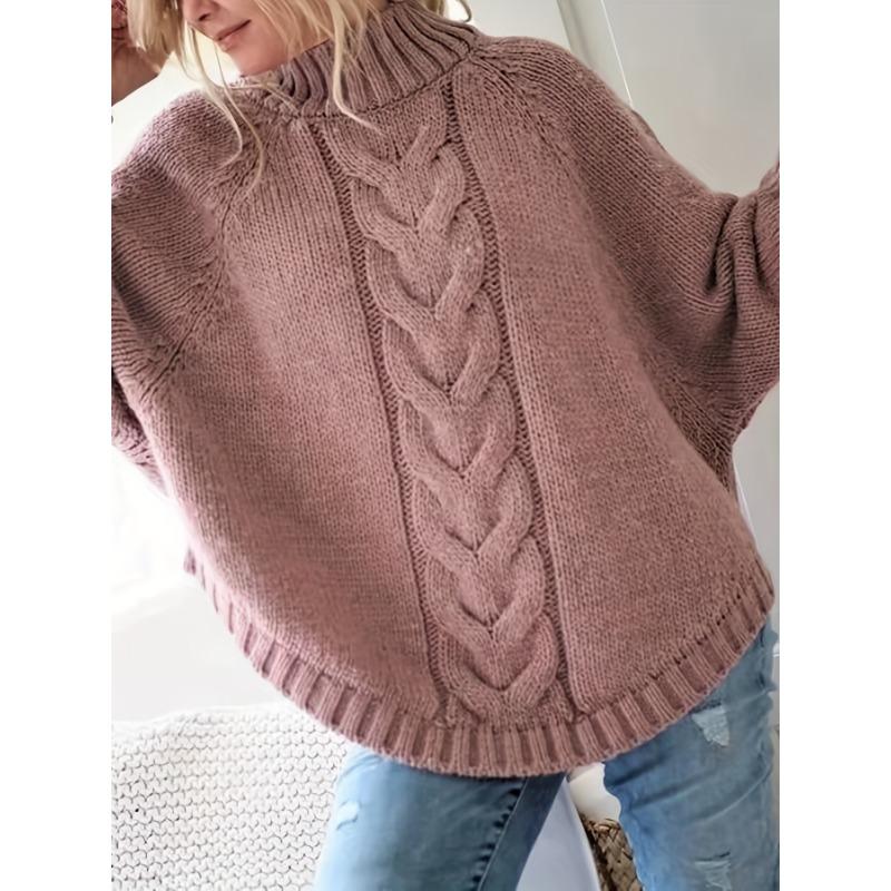 Women'S Vintage-Inspired Black Cable Sweater with High Neck, Loose Fit, Casual, Everyday Pullover, Vintage Sweater | Cable Pattern, Sweater Dress