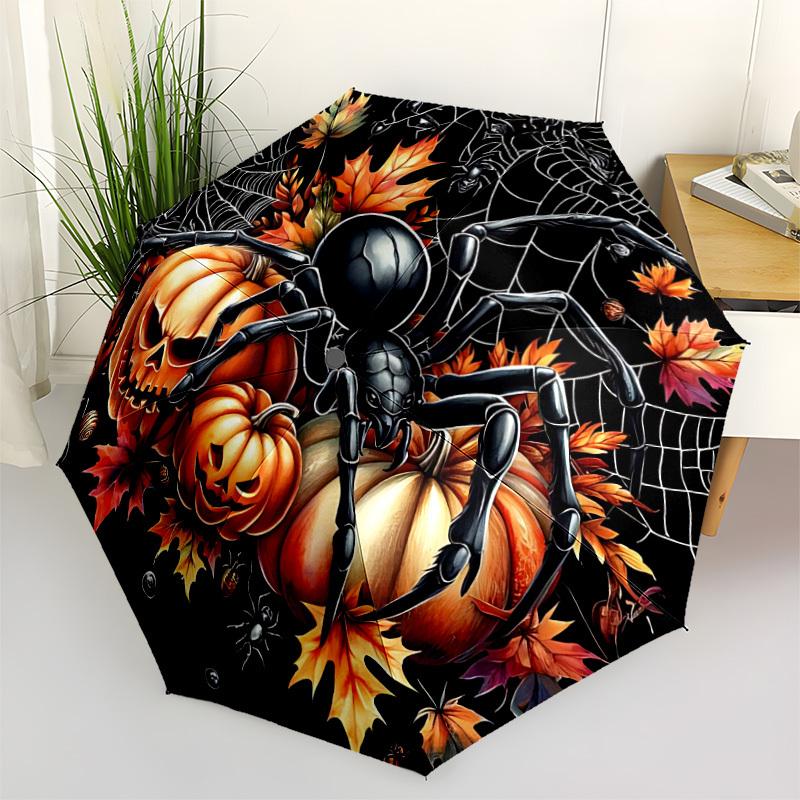 1pc Halloween Spider Automatic Folding Umbrella, Lightweight Retractable Compact Travel Umbrella, 8-Rib Sturdy Frame078