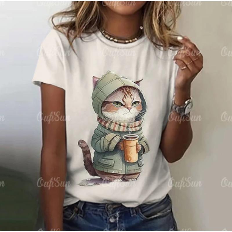 Summer Round Neck T-shirt with 3D Digital Printed Short Sleeves for Cats Loose Comfortable Round Neck T-Shirts Women’s