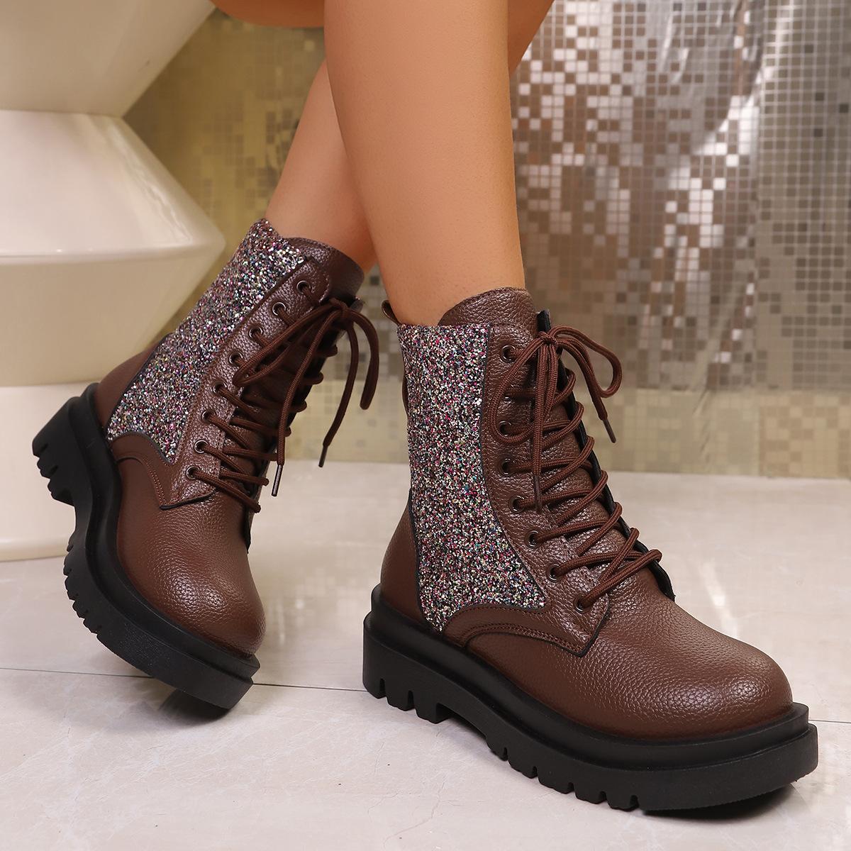 

Shoes for Women 36-43 Autumn Winter Women Lace Up Round Toe Plus Size Sequin Platform Wedges Ankle Boots Casual Snow Boots 43 темно-коричневого кольору