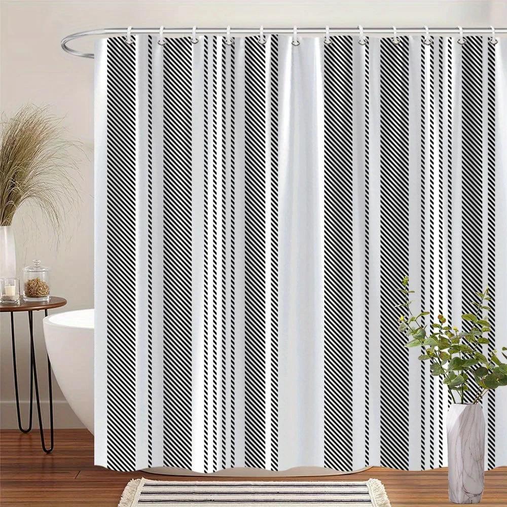 Modern Minimalist Geometric Shower Curtain - Black Diagonal Lines, White Background, Sleek & Durable Bath Decor W90xH180cm