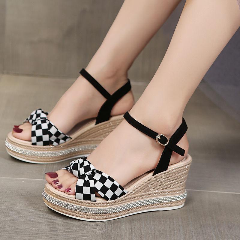 Sandały na koturnie Damskie Letnie Wysokie Obcasy Peep-toe Krata Moda Jedno Słowo Pasek z Klamrą Wodoodporna Platforma Buty Damskie